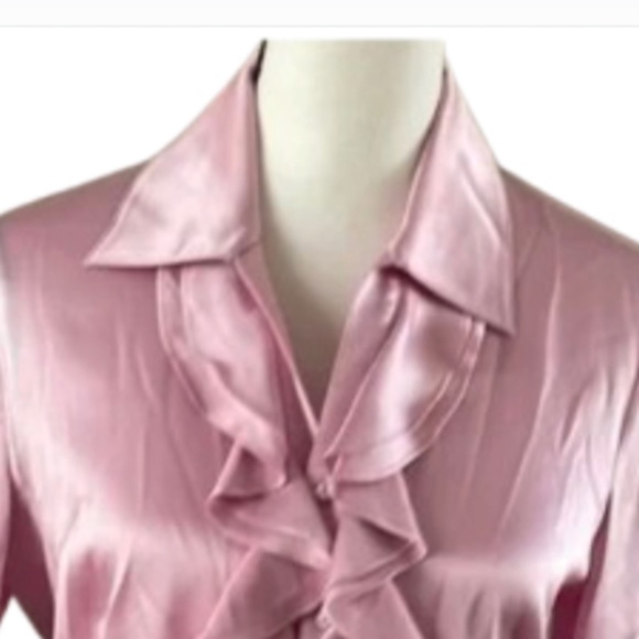 St. John silk pink crystal Ruffled Long Sleeve Blouse button up - Picture 13 of 16